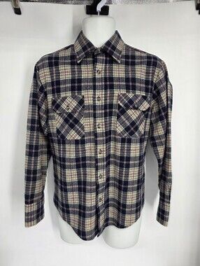 VTG 80s Northwest Territory Plaid Flannel Shirt M Navy Acrylic Made in Korea 198